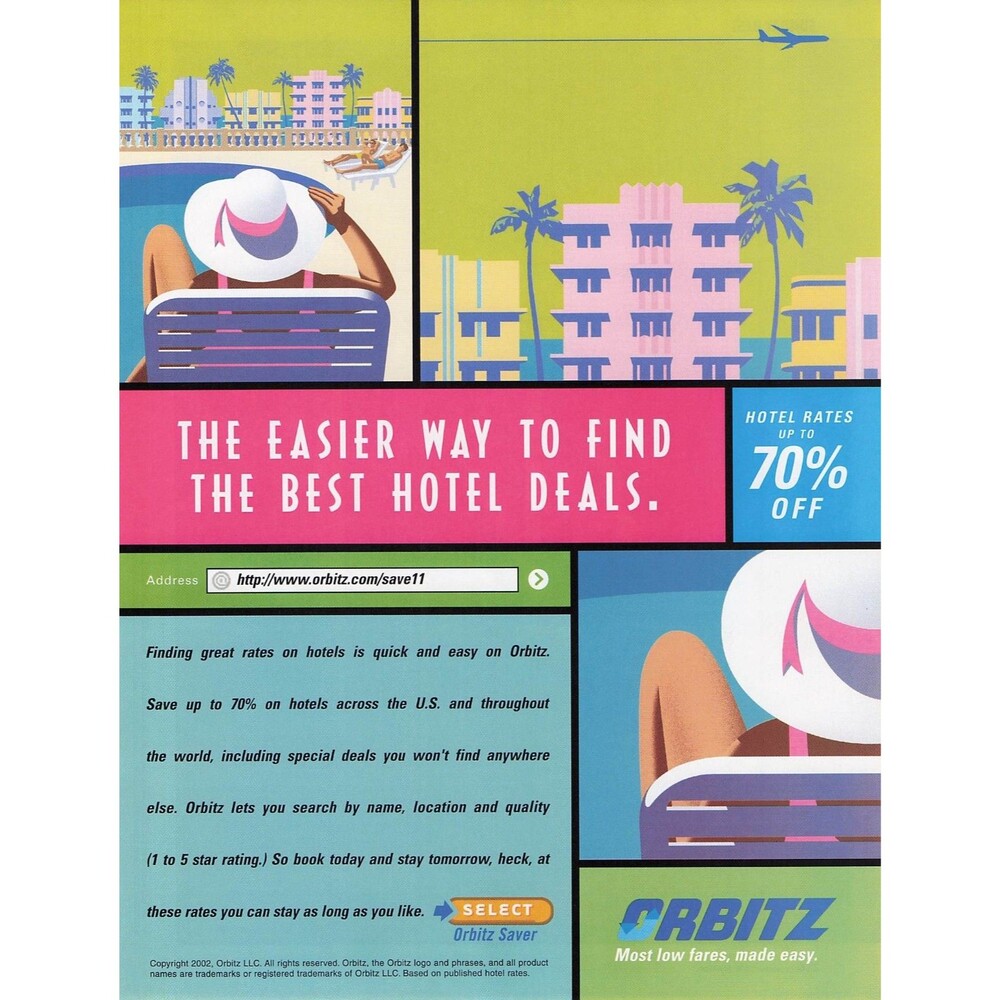 2002 Orbitz Travel Hotel Deals Art Deco Style Retro Print Ad – Vintage Magazine